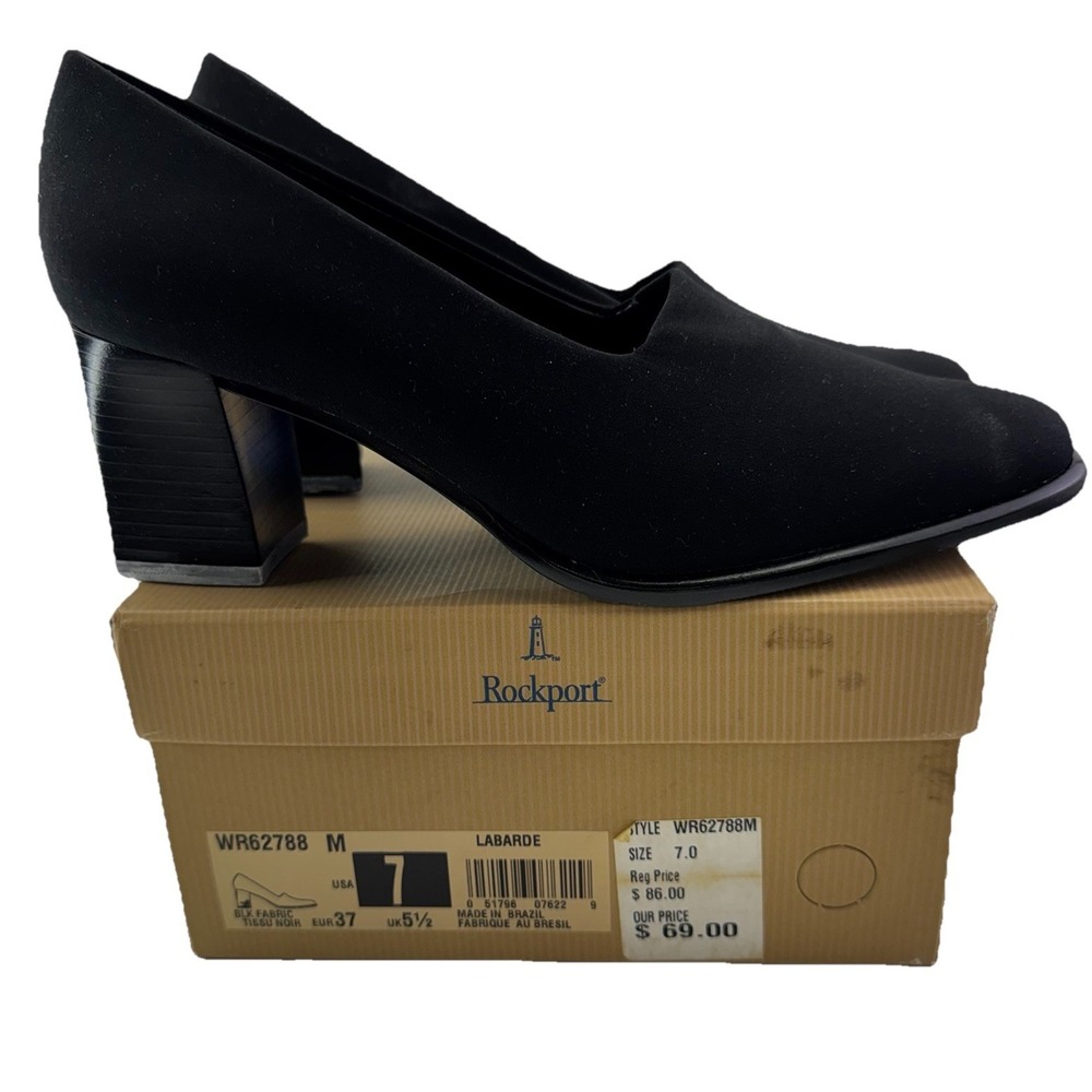 Rockport Labarde Black Fabric Pumps Womens 7M Block Heel Career Shoes w box